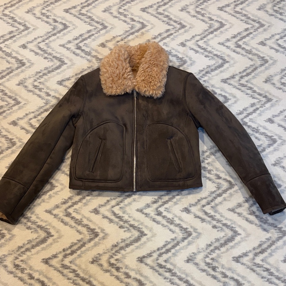 Brown Faux Suede Jacket with Tan Faux Fur Collar